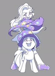 Size: 1482x2048 | Tagged: dead source, safe, artist:chapaghettii, trixie, human, pony, unicorn, g4, cape, clothes, cute, diatrixes, duo, female, gray background, hat, human ponidox, humanized, looking at you, mare, no pupils, open mouth, partial color, self ponidox, simple background, trixie's cape, trixie's hat