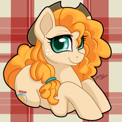 Size: 2995x2996 | Tagged: safe, artist:gleamydreams, pear butter, earth pony, pony, g4, cowboy hat, cute, female, freckles, hat, high res, mare, pearabetes, plaid, prone, smiling, solo