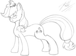 Size: 1024x745 | Tagged: safe, artist:killkatt, applejack, bird, earth pony, pony, g4, cutie mark, female, monochrome, simple background, solo, traditional art, white background