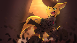 Size: 3840x2160 | Tagged: safe, artist:totally_fox, oc, oc only, oc:darren cuffs, earth pony, pony, breach, bulletproof vest, clothes, explosion, gloves, gun, high res, male, police, police officer, rifle, solo, tactical vest, uniform, vest, weapon