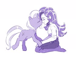 Size: 2048x1536 | Tagged: dead source, safe, artist:chapaghettii, starlight glimmer, trixie, human, pony, unicorn, g4, clothes, duo, duo female, eyes closed, female, human female on mare, human on pony action, humanized, interspecies, kissing, lesbian, monochrome, pantyhose, ship:startrix, shipping, sitting, skirt, skirt suit, smiling, stockings, suit, thigh highs