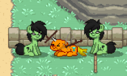 Size: 628x380 | Tagged: safe, artist:torpy-ponius, oc, oc:filly anon, changeling, earth pony, pony, pony town, animated, beaten up, earth pony oc, female, fence, filly, gif, pixel art, stick