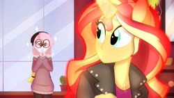 Size: 1192x670 | Tagged: safe, artist:faith-wolff, princess celestia, sunset shimmer, oc, oc:peachy keen, fanfic:the bridge, equestria girls, g4, age regression, fanfic art, pink-mane celestia, ponied up, story included, transformation, younger