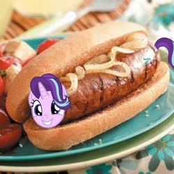 Size: 1080x1080 | Tagged: safe, starlight glimmer, pony, unicorn, g4, female, food, horse meat, hot dog, long glimmer, meat, meme, sausage, solo, wat