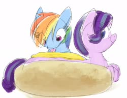 Size: 2434x1882 | Tagged: safe, artist:lbrcloud, rainbow dash, starlight glimmer, pegasus, pony, unicorn, g4, crossing the memes, food, horse meat, hot dog, licking, long glimmer, long pony, meat, meme, mustard, rainbow mustard, sauce, sausage, smiling, that pony sure does love mustard, tongue out