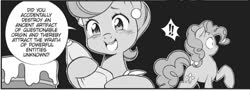 Size: 621x227 | Tagged: safe, seven seas, cup cake, pinkie pie, earth pony, pony, g4, my little pony: the manga, black and white, cake, duo, female, food, grayscale, icing bag, manga, mare, monochrome, smartest pony in town, sugarcube corner