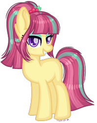 Size: 792x1002 | Tagged: safe, artist:fantarianna, sour sweet, earth pony, pony, equestria girls, g4, equestria girls ponified, female, freckles, grin, hair ornament, looking at you, mare, ponified, ponytail, simple background, smiling, solo, transparent background