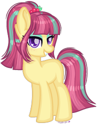 Size: 792x1002 | Tagged: safe, artist:fantarianna, sour sweet, earth pony, pony, equestria girls, g4, earth pony sour sweet, equestria girls ponified, female, freckles, grin, hair ornament, looking at you, mare, ponified, ponytail, simple background, smiling, solo, transparent background