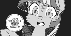 Size: 421x216 | Tagged: safe, seven seas, twilight sparkle, alicorn, pony, g4, my little pony: the manga, black and white, dialogue, disturbed, female, grayscale, manga, mare, monochrome, text, twilight sparkle (alicorn), worried
