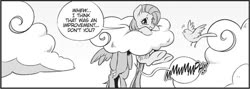Size: 626x223 | Tagged: safe, seven seas, fluttershy, rainbow dash, bird, pegasus, pony, g4, my little pony: the manga, black and white, cloud, cute, dialogue, duo, female, grayscale, mare, monochrome, speech bubble