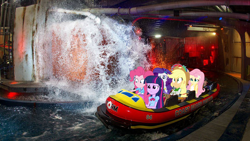 Size: 1200x675 | Tagged: safe, derpibooru exclusive, applejack, fluttershy, pinkie pie, rainbow dash, rarity, twilight sparkle, alicorn, equestria girls, g4, australia, boat, gold coast, humane five, humane six, red alert, ride, river, sea world, splash, the ride ends, twilight sparkle (alicorn)