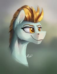 Size: 1600x2065 | Tagged: safe, artist:helmie-art, lightning dust, pegasus, pony, g4, abstract background, bust, female, mare, portrait, smiling, solo