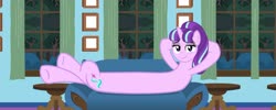 Size: 1882x751 | Tagged: safe, artist:bastbrushie, starlight glimmer, pony, unicorn, g4, armchair, chair, couch, curtains, forest, long glimmer, looking at you, meme, picture, s5 starlight, smiling, table, this will end in communism, tree, window