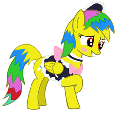 Size: 3000x3000 | Tagged: safe, oc, oc only, pegasus, pony, blushing, clothes, cutie mark, high res, maid, mane, oc glowing stars, photo, red eyes, simple background, teeth, tooth, white background, wings, yellow