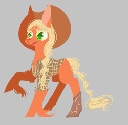 Size: 629x616 | Tagged: safe, artist:trainerfairy, part of a set, applejack, earth pony, pony, g4, alternate design, boots, clothes, cowboy hat, female, gray background, hat, no pupils, shirt, shoes, simple background, solo, unshorn fetlocks