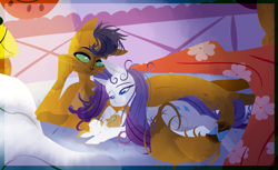 Size: 2313x1419 | Tagged: safe, artist:trainerfairy, capper dapperpaws, rarity, abyssinian, hybrid, pony, unicorn, g4, bed, bed mane, capperity, colored pupils, cute, female, interspecies, interspecies offspring, male, offspring, parent:capper dapperpaws, parent:rarity, parents:capperity, shipping, straight