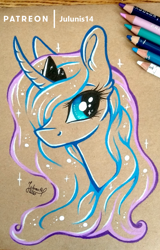 Size: 1600x2507 | Tagged: safe, artist:julunis14, princess luna, alicorn, pony, g4, bust, colored pencil drawing, curved horn, ear fluff, horn, outlines, portrait, traditional art