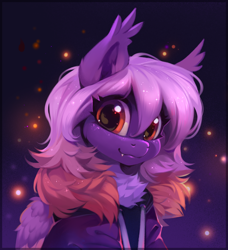 Size: 2652x2908 | Tagged: safe, artist:share dast, oc, oc only, oc:ardent dusk, bat pony, hybrid, pegabat, pegasus, pony, bust, chest fluff, clothes, commission, cute, cute little fangs, ear fluff, ear tufts, fangs, female, fluffy, high res, hoodie, mare, multicolored hair, portrait, solo, stars, weapons-grade cute