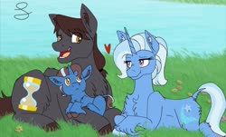 Size: 2080x1254 | Tagged: safe, artist:slushpuppies1483, doctor whooves, time turner, trixie, oc, oc:illusion, classical unicorn, earth pony, pony, unicorn, g4, chest fluff, colt, doctor whooves the great, doctortrix, family, female, grass, heart, horn, leonine tail, male, offspring, parent:doctor whooves, parent:trixie, prone, shipping, stallion, straight, unshorn fetlocks