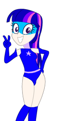 Size: 656x1216 | Tagged: safe, artist:supersamyoshi, twilight sparkle, human, equestria girls, g4, clothes, grin, human coloration, leotard, magic gaia, peace sign, simple background, smiling, superhero, transparent background