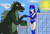 Size: 1280x858 | Tagged: safe, artist:aisse-258, twilight sparkle, human, kaiju, g4, clothes, female, giantess, godzilla, godzilla (series), handshake, humanized, leotard, macro, magic gaia, superhero