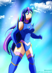 Size: 495x700 | Tagged: safe, artist:tirius99, twilight sparkle, human, g4, boots, clothes, humanized, leotard, magic gaia, shoes, superhero, thigh boots