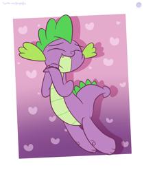 Size: 2739x3253 | Tagged: dead source, safe, artist:php142, spike, dragon, g4, abstract background, cute, cute little fangs, eyes closed, fangs, happy, heart, high res, male, smiling, solo, spikabetes