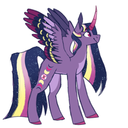 Size: 1080x1080 | Tagged: safe, artist:ff0000, twilight sparkle, alicorn, pony, g4, alternate cutie mark, alternate design, colored hooves, colored horn, colored wings, colored wingtips, curved horn, ethereal mane, female, horn, large cutie mark, mare, multicolored wings, simple background, smiling, solo, spread wings, starry mane, twilight sparkle (alicorn), white background, wings