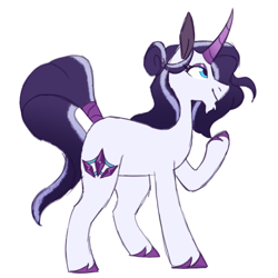 Size: 1080x1080 | Tagged: safe, artist:ff0000, rarity, pony, unicorn, g4, alternate cutie mark, alternate design, alternate hairstyle, beard, colored hooves, colored horn, curved horn, facial hair, female, goatee, horn, mare, raised hoof, simple background, smiling, solo, tail wrap, unshorn fetlocks, white background