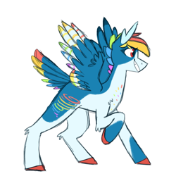Size: 1080x1080 | Tagged: safe, artist:ff0000, rainbow dash, pegasus, pony, g4, alternate cutie mark, alternate design, colored hooves, colored wings, colored wingtips, female, grin, mare, piebald coat, raised hoof, simple background, smiling, smirk, solo, spread wings, tail feathers, white background, wings