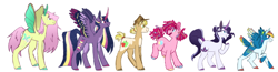 Size: 1280x333 | Tagged: safe, artist:ff0000, applejack, fluttershy, pinkie pie, rainbow dash, rarity, twilight sparkle, alicorn, earth pony, pegasus, pony, unicorn, g4, alternate cutie mark, alternate design, alternate hairstyle, antlers, beard, butterfly wings, colored hooves, colored horn, colored wings, colored wingtips, cowboy hat, curved horn, facial hair, female, grin, hat, horn, large cutie mark, mare, piebald coat, raised hoof, short tail, simple background, size chart, size comparison, smiling, smirk, spread wings, tail feathers, tail wrap, twilight sparkle (alicorn), unshorn fetlocks, white background, wings