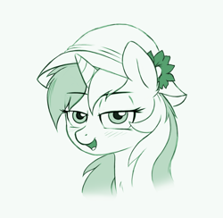 Size: 1982x1935 | Tagged: safe, artist:godoffury, lyra heartstrings, pony, unicorn, g4, 4chan, bedroom eyes, blushing, cute, drawthread, female, flower, hat, lidded eyes, monochrome, open mouth, requested art, simple background, solo, white background