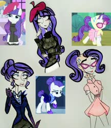 Size: 2943x3398 | Tagged: safe, artist:citi, screencap, rarity, human, pony, unicorn, g4, sleepless in ponyville, sweet and elite, the cutie re-mark, alternate hairstyle, alternate timeline, beatnik rarity, beret, camping outfit, clothes, dress, female, hat, headscarf, high res, humanized, mare, night maid rarity, nightmare takeover timeline, scarf, scene interpretation, screencap reference, skirt, sunglasses, sweater, traditional art, turtleneck, uniform, woman