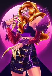 Size: 1383x2026 | Tagged: safe, artist:mandy1412, adagio dazzle, equestria girls, g4, alternate hairstyle, claws, clothes, cosplay, costume, evelynn, female, fingernails, jewelry, k/da, league of legends, midriff, necklace, purple eyes, skirt, sunglasses, tongue out, video game crossover