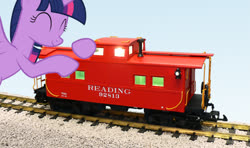 Size: 600x354 | Tagged: safe, artist:conrail15, edit, vector edit, twilight sparkle, alicorn, pony, g4, caboose car, hug, model train, photoshop, solo, twilight sparkle (alicorn), vector