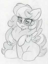 Size: 1659x2210 | Tagged: safe, artist:zemer, oc, oc:feather belle, pegasus, pony, chest fluff, fluffy, grayscale, hair tie, monochrome, pencil drawing, raised hoof, sitting, tongue out, traditional art