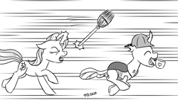 Size: 1200x675 | Tagged: safe, artist:pony-berserker, part of a set, trixie, oc, oc:berzie, changedling, changeling, pony, unicorn, pony-berserker's twitter sketches, g4, broom, chase, cup, eyes closed, glowing horn, halftone, hard hat, horn, magic, monochrome, motion lines, mouth hold, open mouth, running, stealing, teacup, telekinesis, thief