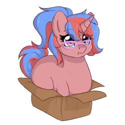 Size: 2000x2000 | Tagged: safe, artist:lionbun, oc, oc only, oc:bree, pony, behaving like a cat, box, chibi, commission, cute, glasses, high res, if i fits i sits, pony in a box, simple background, solo, transparent background, your character here