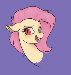 Size: 1197x1260 | Tagged: safe, artist:nodambol, fluttershy, bat pony, pony, g4, bat ponified, bust, female, floppy ears, flutterbat, looking at you, mare, open mouth, portrait, race swap, red eyes, simple background, smiling, solo, three quarter view