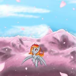 Size: 2000x2000 | Tagged: safe, artist:shinycyan, oc, oc only, oc:tridashie, pegasus, pony, blue sky, cherry blossoms, flower, flower blossom, flying, happy, high res, mountain, pink, solo, spring