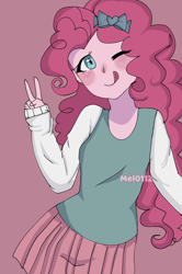 Size: 1272x1920 | Tagged: safe, artist:mel0112, pinkie pie, equestria girls, g4, blushing, bow, clothes, cute, diapinkes, female, hair bow, one eye closed, peace sign, pink background, simple background, skirt, solo, tongue out, wink
