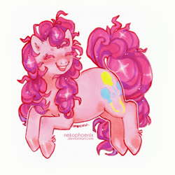 Size: 650x650 | Tagged: safe, artist:nekophoenix, pinkie pie, earth pony, pony, g4, cute, diapinkes, eyes closed, female, leg fluff, mare, open mouth, simple background, solo, white background