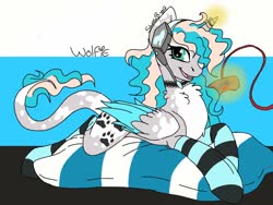 Size: 960x720 | Tagged: safe, artist:_wulfie, oc, oc only, oc:wulfie, alicorn, pony, abstract background, alicorn oc, choker, clothes, controller, female, glowing horn, headset, horn, leonine tail, magic, mare, paw prints, pillow, prone, socks, solo, striped socks, telekinesis, wings