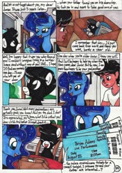 Size: 2094x2978 | Tagged: safe, artist:newyorkx3, princess luna, oc, oc:tommy, oc:tommy junior, human, pony, comic:young days, g4, abandoned, box, colt, comic, concert, eyes closed, female, foal, high res, male, mare, pony in a box, smiling, ticket, traditional art