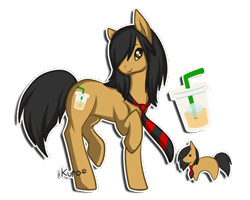 Size: 500x400 | Tagged: safe, artist:gazecreative, oc, oc only, oc:mocha ice, earth pony, pony, chibi, coffee, drink, duo, earth pony oc, female, hair over one eye, mare, necktie, paw prints, reference sheet, simple background, smiling, transparent background