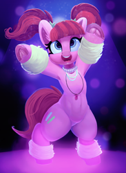 Size: 1461x2000 | Tagged: safe, artist:discorded, artist:pabbley, color edit, edit, pacific glow, earth pony, pony, g4, the saddle row review, armpits, bipedal, colored, cute, dancing, disco, ear fluff, female, frog (hoof), glowbetes, mare, open mouth, pacifier, pigtails, solo, underhoof