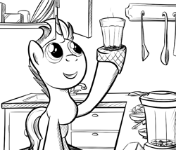 Size: 700x600 | Tagged: safe, artist:sirvalter, oc, oc only, oc:bling flair, pony, unicorn, fanfic:steyblridge chronicle, black and white, blender, colt, fanfic, fanfic art, foal, glass, grayscale, grin, horn, illustration, kitchen, male, monochrome, plate, research institute, smiling, solo