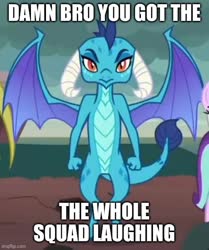 Size: 500x598 | Tagged: safe, edit, edited screencap, screencap, princess ember, dragon, celestial advice, g4, caption, cropped, dragoness, female, image macro, looking at you, meme, solo, spread wings, text, wings