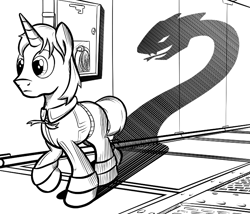 Size: 700x600 | Tagged: safe, artist:sirvalter, oc, oc only, oc:scripted switch, pony, unicorn, fanfic:steyblridge chronicle, black and white, clothes, fanfic, fanfic art, grayscale, hooves, horn, illustration, male, monochrome, research institute, scientist, solo, stallion
