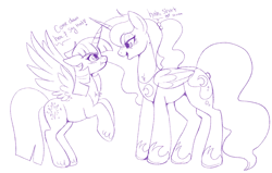 Size: 1200x765 | Tagged: safe, artist:lulubell, princess luna, twilight sparkle, alicorn, pony, g4, alternate hairstyle, chest fluff, concave belly, dialogue, duo, ethereal mane, female, height difference, lesbian, lidded eyes, lineart, mare, monochrome, neck fluff, physique difference, ponytail, ship:twiluna, shipping, sketch, spread wings, teasing, twilight sparkle (alicorn), twilight sparkle is not amused, unamused, wings